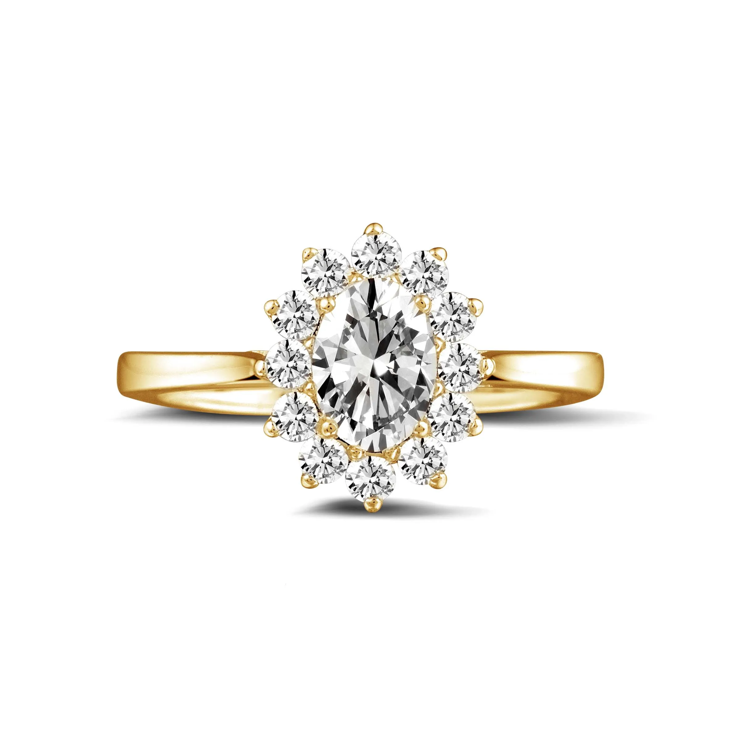 0.90 quilates anillo « entourage » en oro amarillo con diamante ovalado 