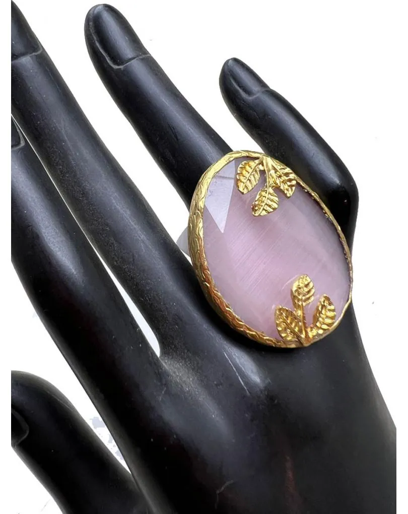 ANILLOS GRANDES ROSA MAQUILLAJE DE PIEDRA CON HOJAS DORADAS