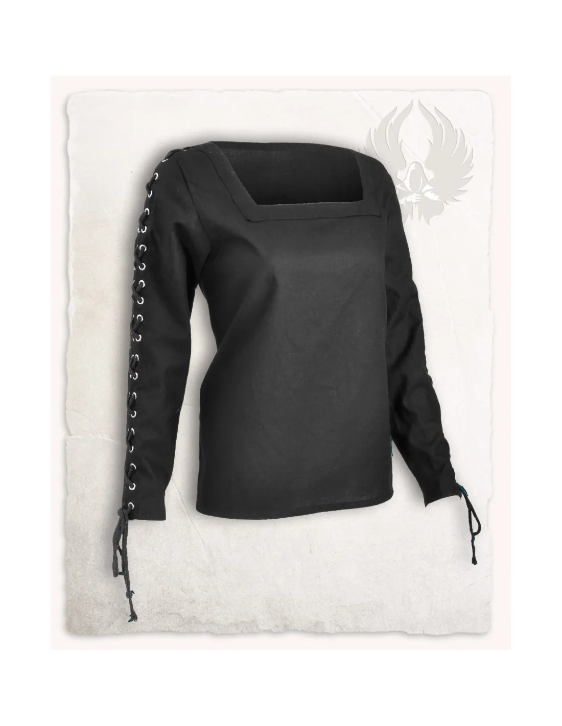 Blusa medieval mujer Abby negra con ojales y cordeles cruzados