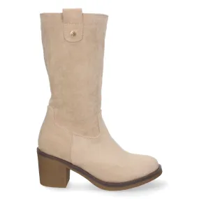 Botas altas camperas beige con tacon ancho y cremallera