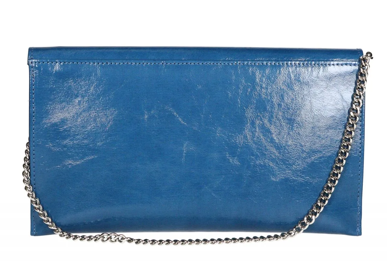 Cartera Mano Azul Cadena Corta Eslabones Plata