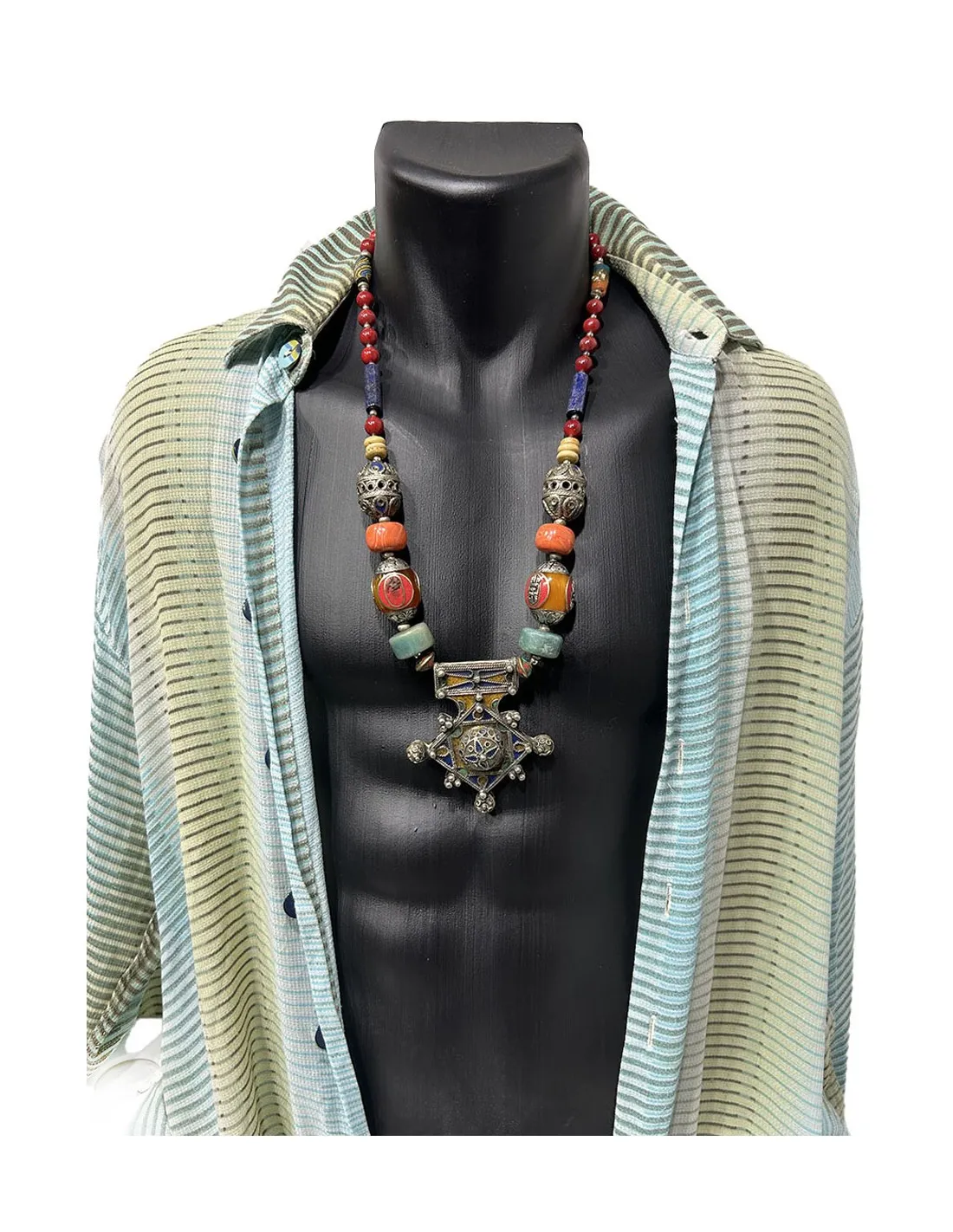 COLLARES  DE HOMBRE, PLATA CON AMBAR CORAL Y CRUZ MODA IBICENCA, MODA BOHO