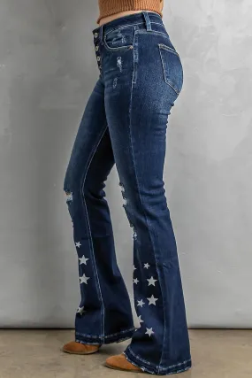 Estrellas azules para mujer estampado distressed botón volar pantalones vaqueros de bengala de cintura alta