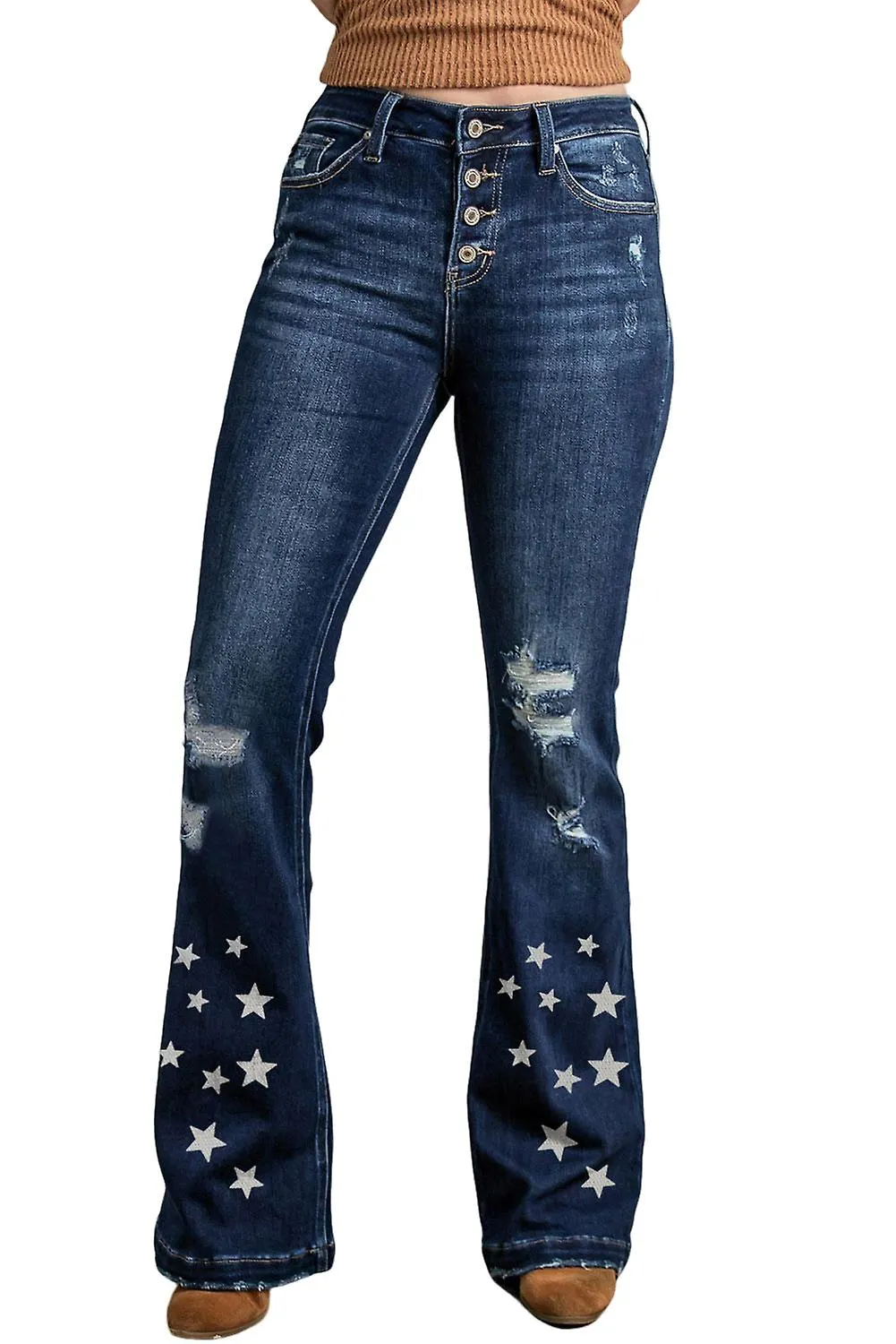 Estrellas azules para mujer estampado distressed botón volar pantalones vaqueros de bengala de cintura alta