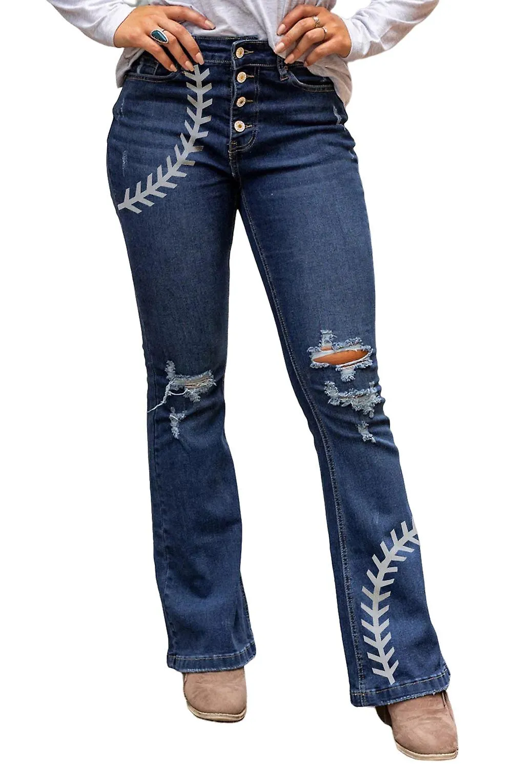 Estrellas azules para mujer estampado distressed botón volar pantalones vaqueros de bengala de cintura alta