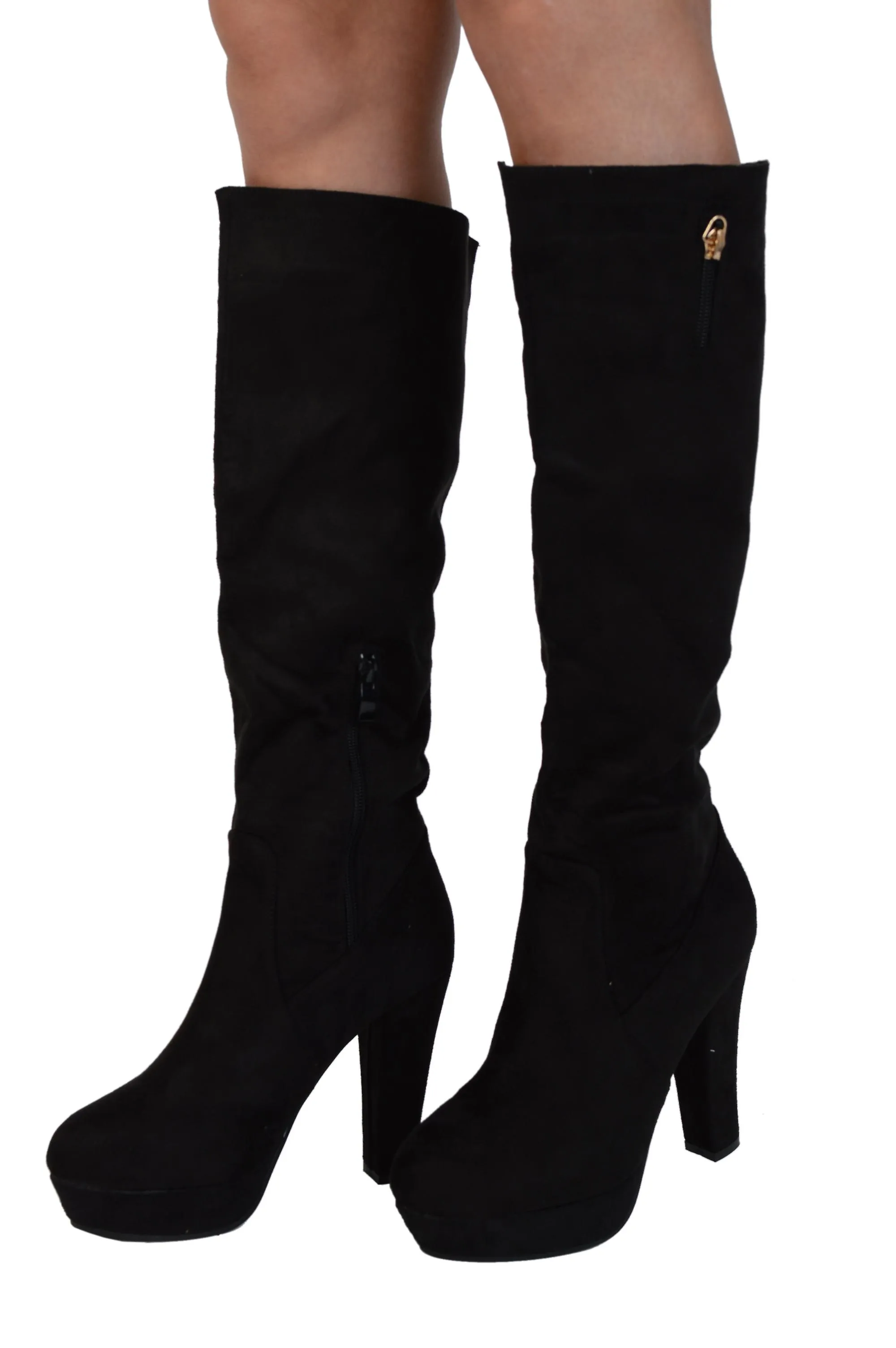 Lovemystyle gamuza negro rodilla altas botas con tacón