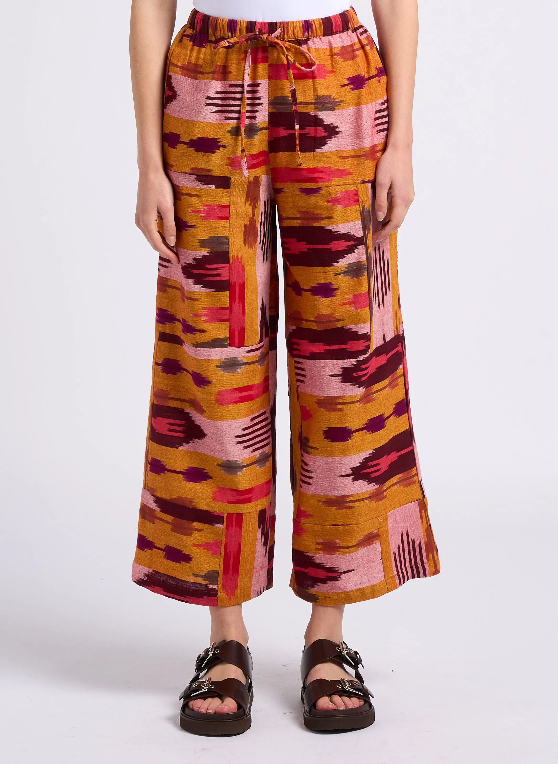 NILAI IKAT - Pantalón ancho de jacquard de algodón en amarillo