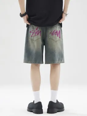 pantalones cortos de mezclilla casuales sueltos con estampado de letras para hombre