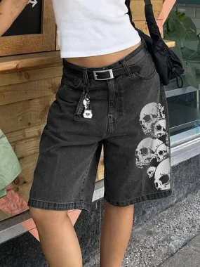 Pantalones cortos de mezclilla negros sueltos casuales con estampado de calavera