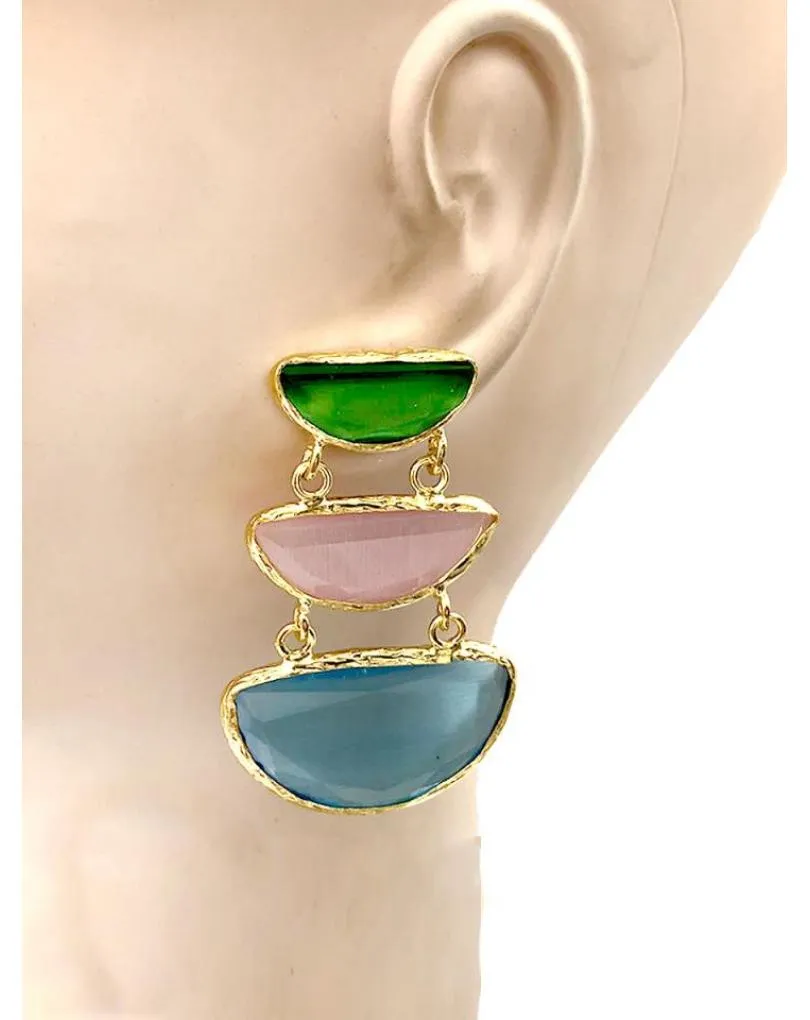 PENDIENTES LARGOS ELEGANTES CON TRIO DE PIEDRAS DE VIVOS COLORES