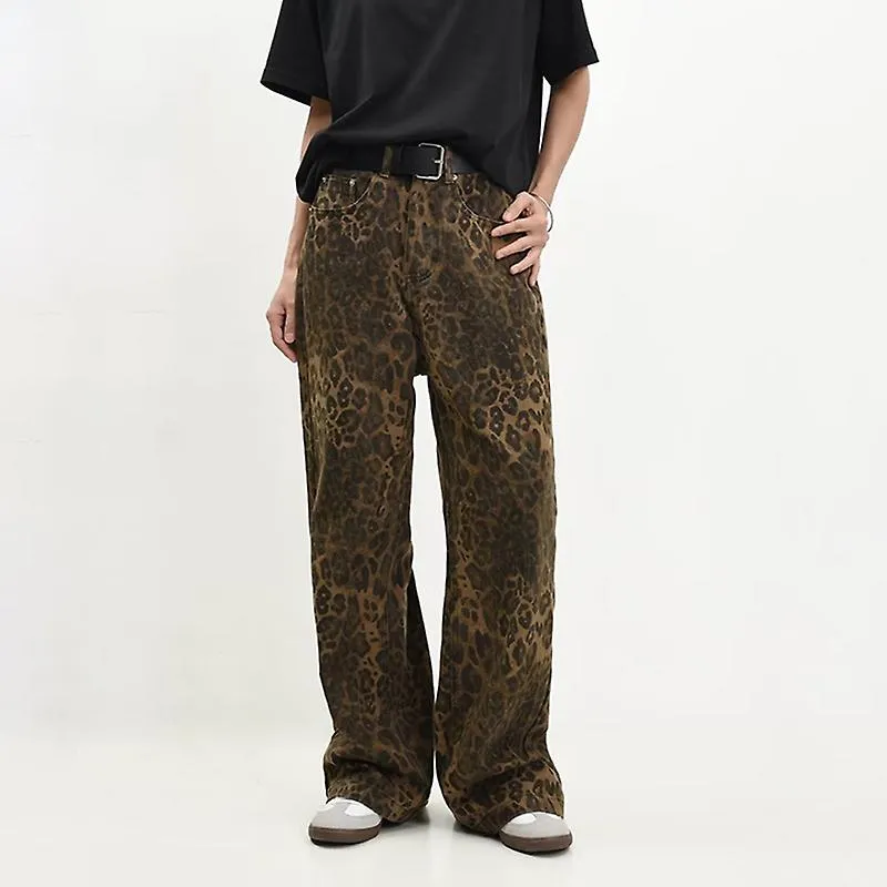 Vaqueros de leopardo color canela Pantalones vaqueros de mujer Pantalones de pernera ancha oversize para mujer