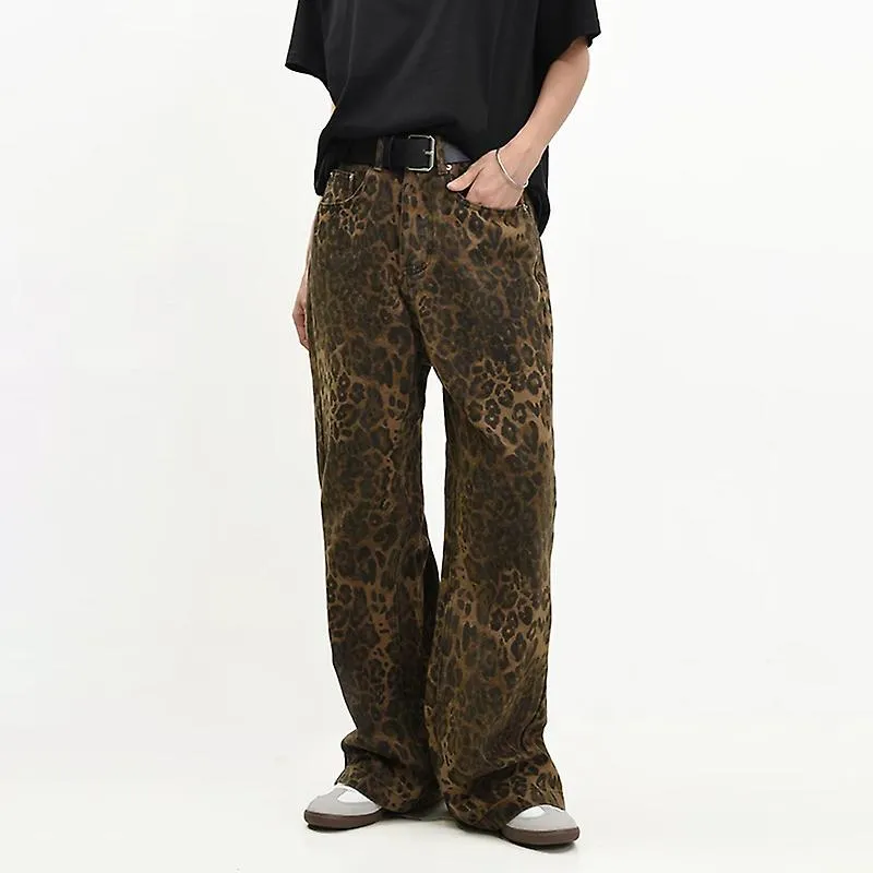 Vaqueros de leopardo color canela Pantalones vaqueros de mujer Pantalones de pernera ancha oversize para mujer