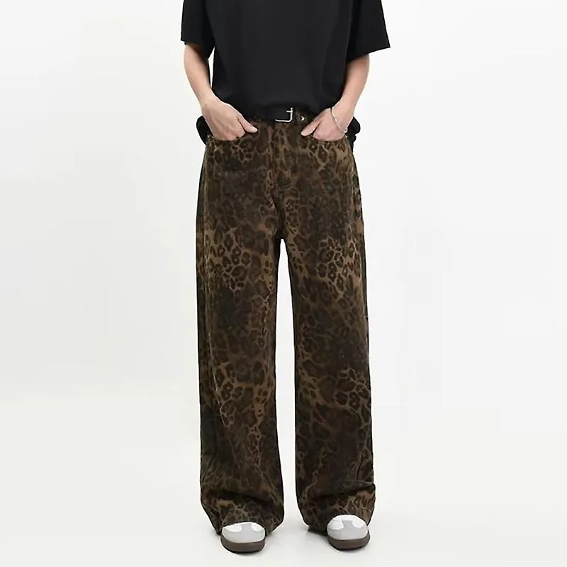 Vaqueros de leopardo color canela Pantalones vaqueros de mujer Pantalones de pernera ancha oversize para mujer