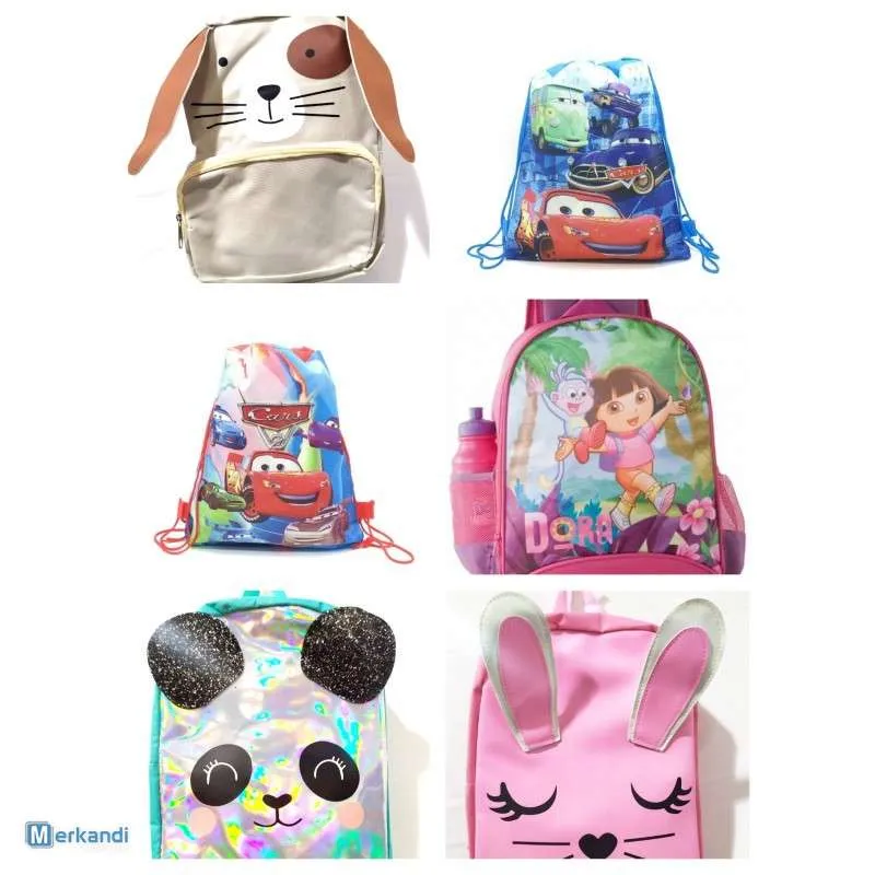 Variedad de mochilas escolares para infantil y bebé en lote surtido con temáticas de personajes