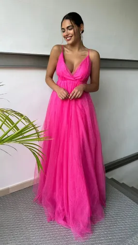 Vestido Largo Fucsia Tul