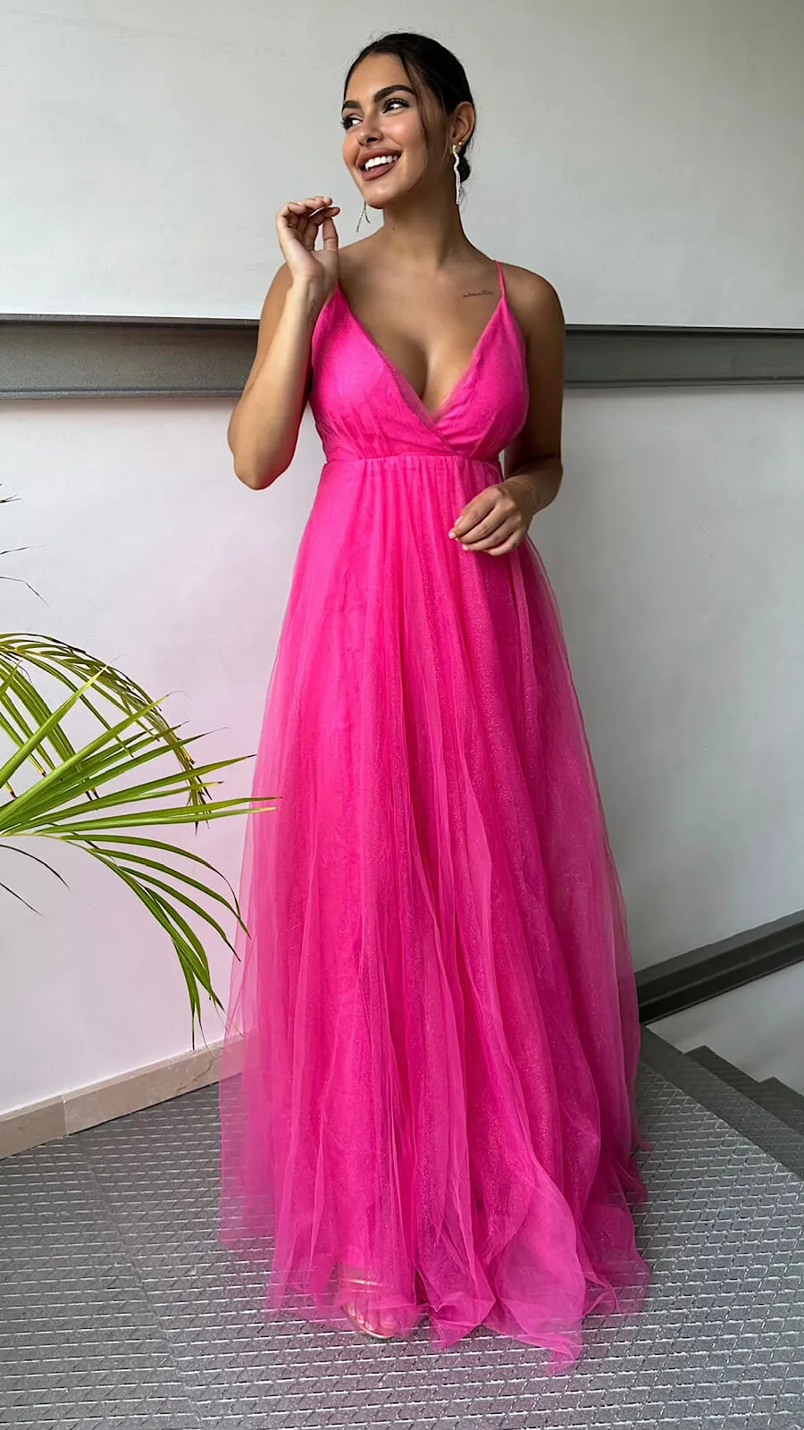 Vestido Largo Fucsia Tul