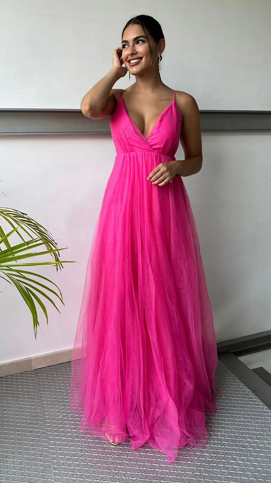 Vestido Largo Fucsia Tul