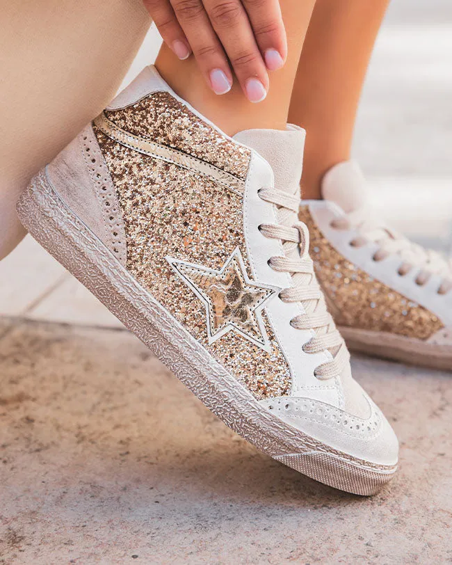 Zapatillas de mujer doradas altas con estrella y cordones - Lolie