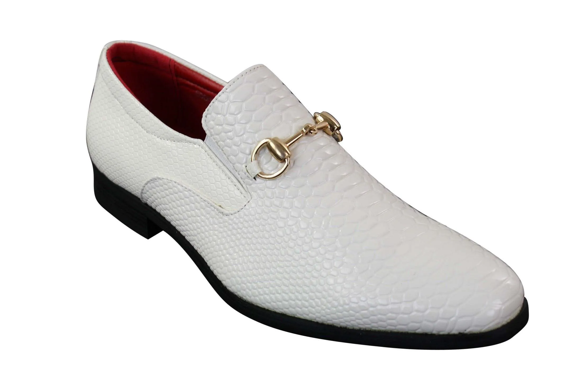 Zapatos de cuero de cocodrilo de serpiente sintético brillante en color blanco negro para hombre Hebilla de oro