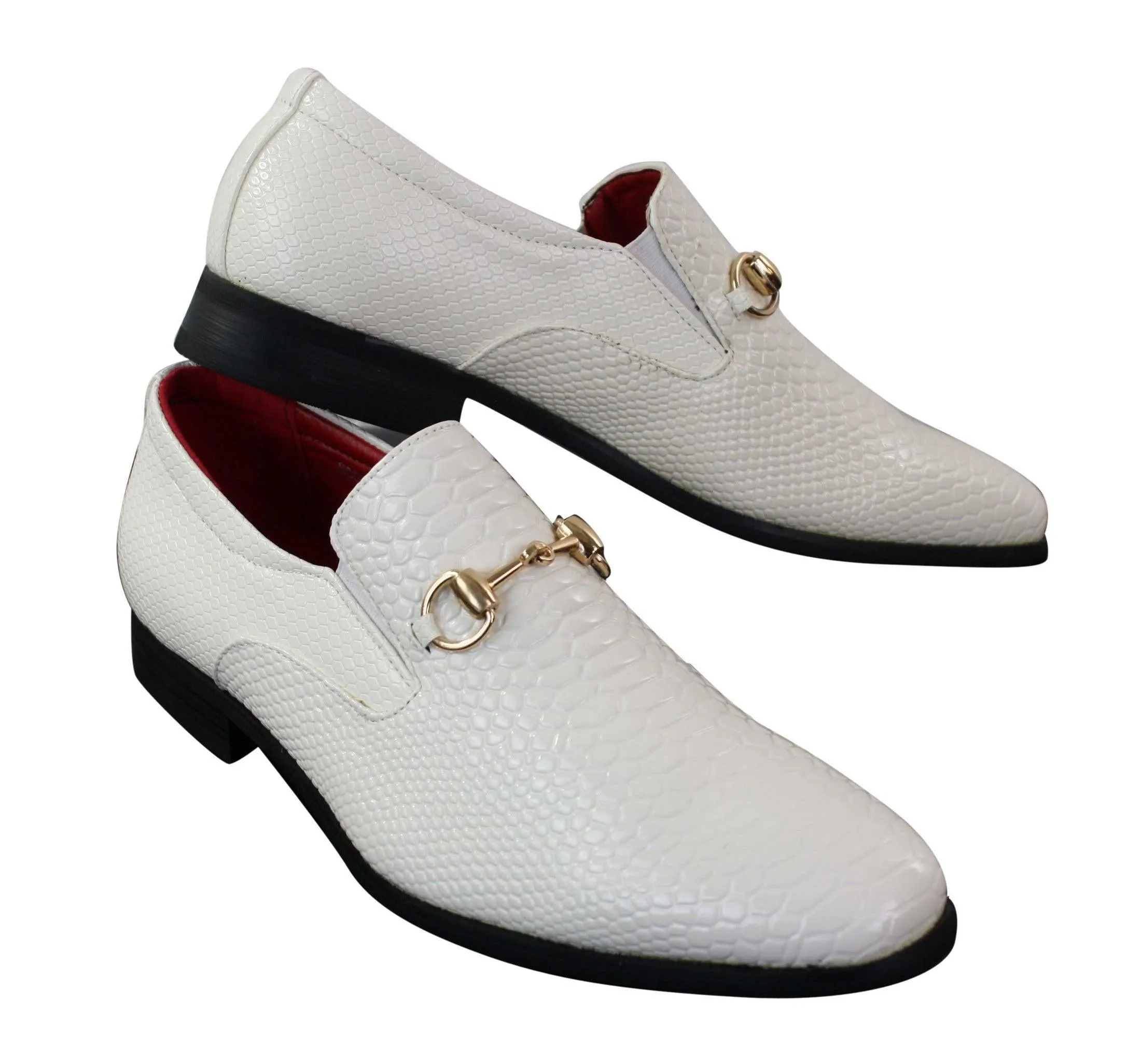 Zapatos de cuero de cocodrilo de serpiente sintético brillante en color blanco negro para hombre Hebilla de oro