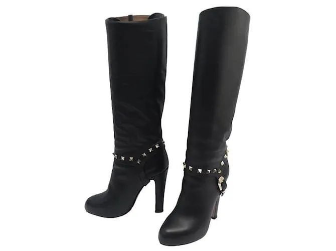 ZAPATOS VALENTINO ROCKSTUD BOTAS TACÓN 35 BOTAS ALTAS PIEL NEGRAS Negro 